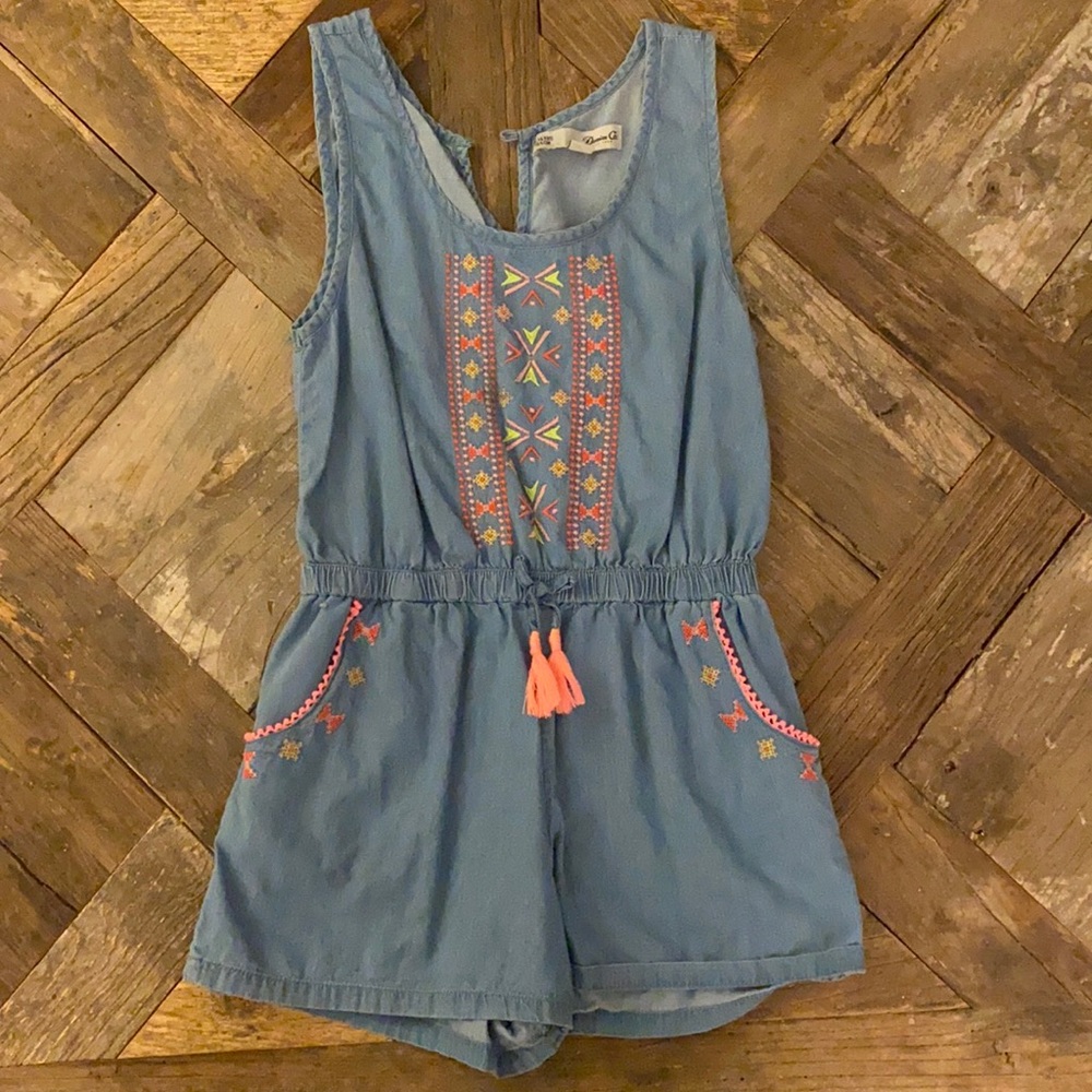 Denim romper with neon details!